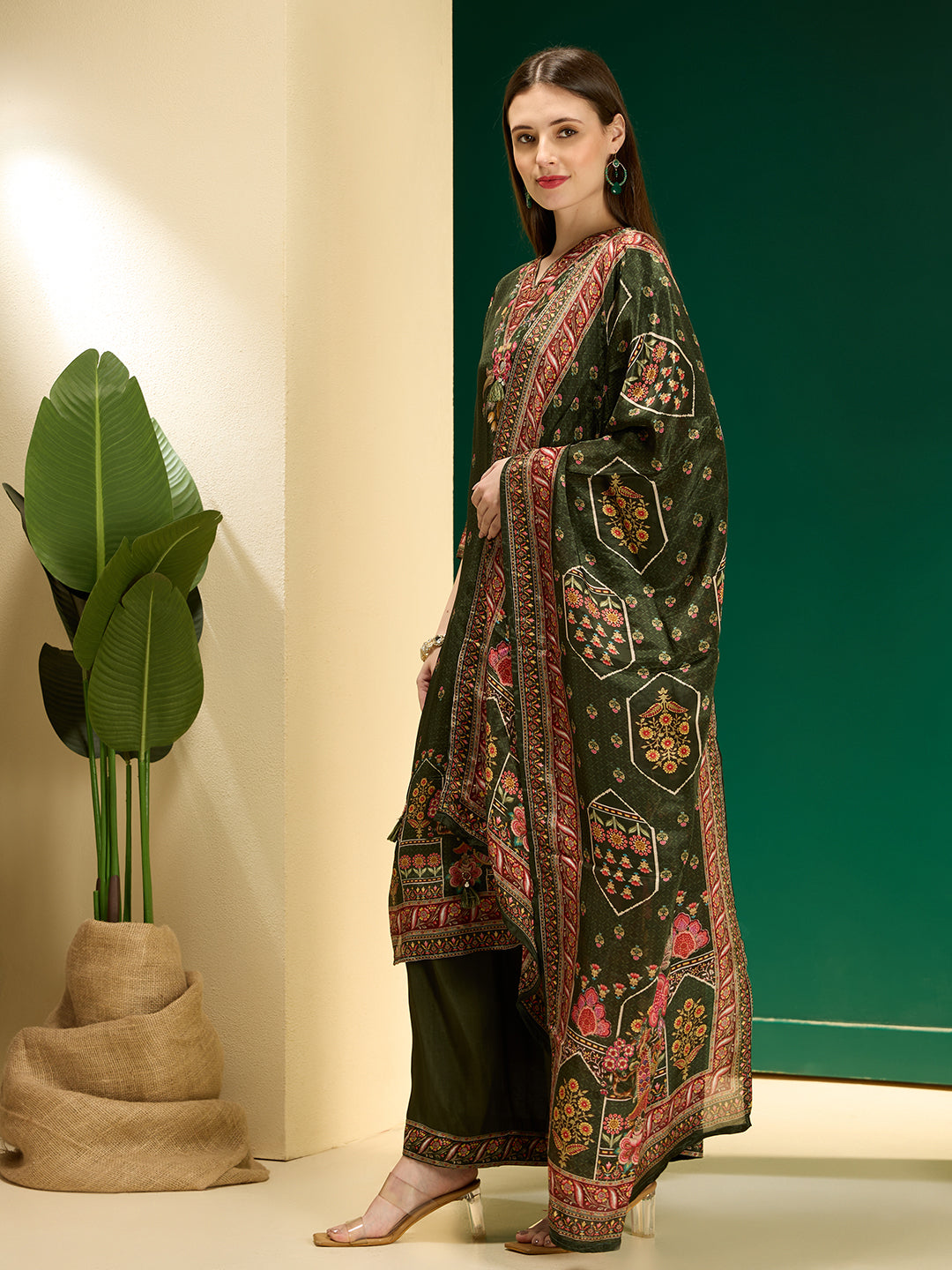 Ethnic Floral Printed & Embroidered Straight & Kurta with Pant and Dupatta - Green