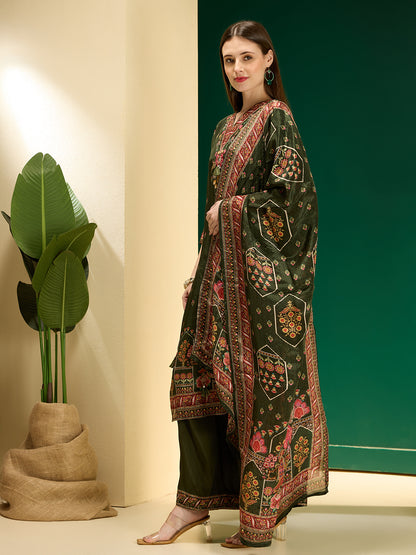 Ethnic Floral Printed & Embroidered Straight & Kurta with Pant and Dupatta - Green