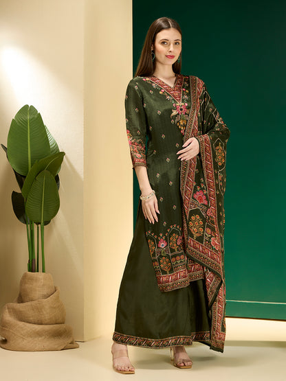 Ethnic Floral Printed & Embroidered Straight & Kurta with Pant and Dupatta - Green