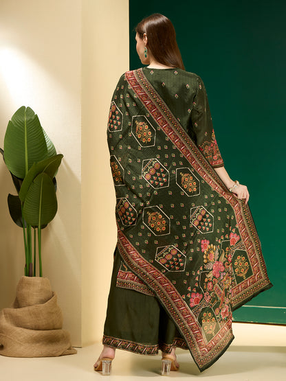 Ethnic Floral Printed & Embroidered Straight & Kurta with Pant and Dupatta - Green