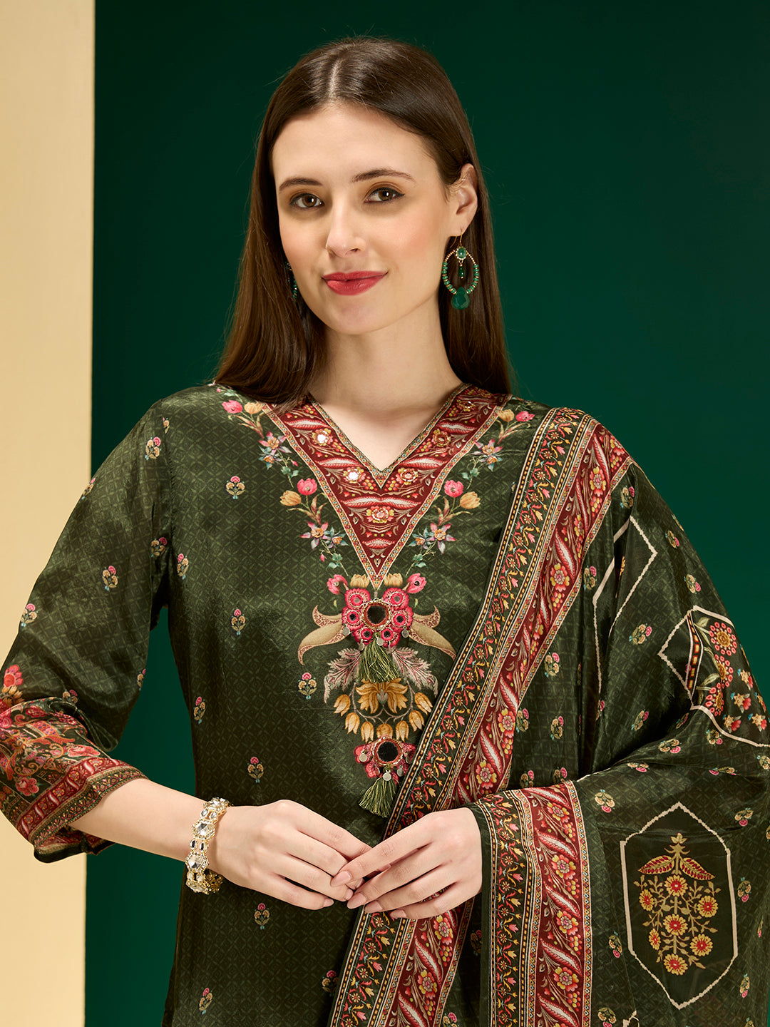 Ethnic Floral Printed & Embroidered Straight & Kurta with Pant and Dupatta - Green