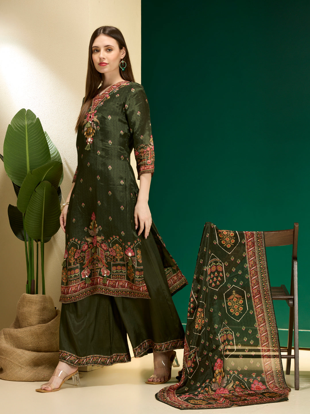 Ethnic Floral Printed & Embroidered Straight & Kurta with Pant and Dupatta - Green