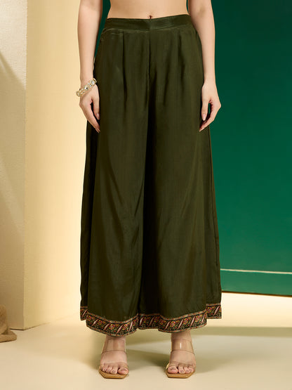 Ethnic Floral Printed & Embroidered Straight & Kurta with Pant and Dupatta - Green