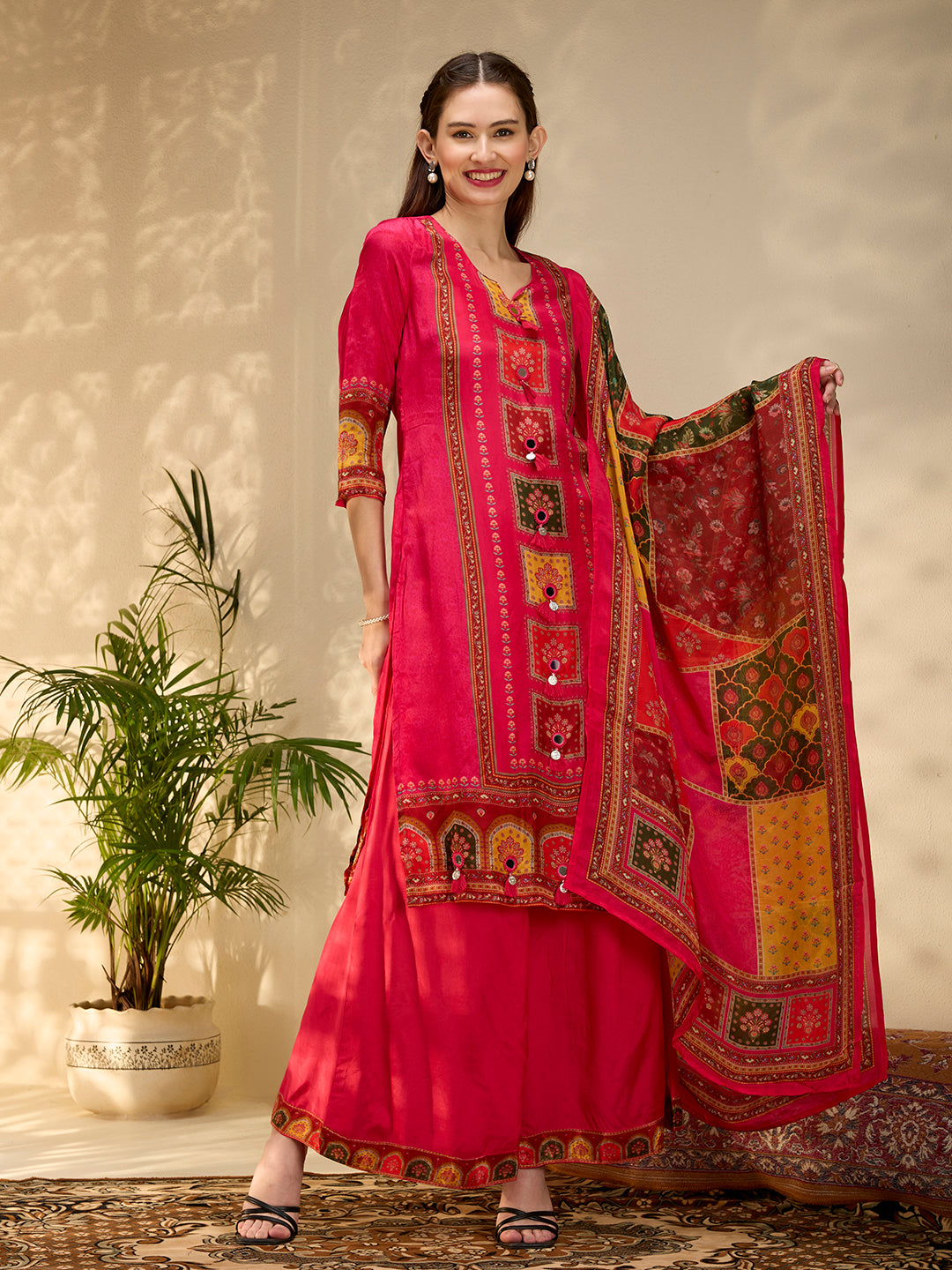 Ethnic Floral Printed & Embroidered Straight Fit Kurta with Pant and Dupatta - Rani
