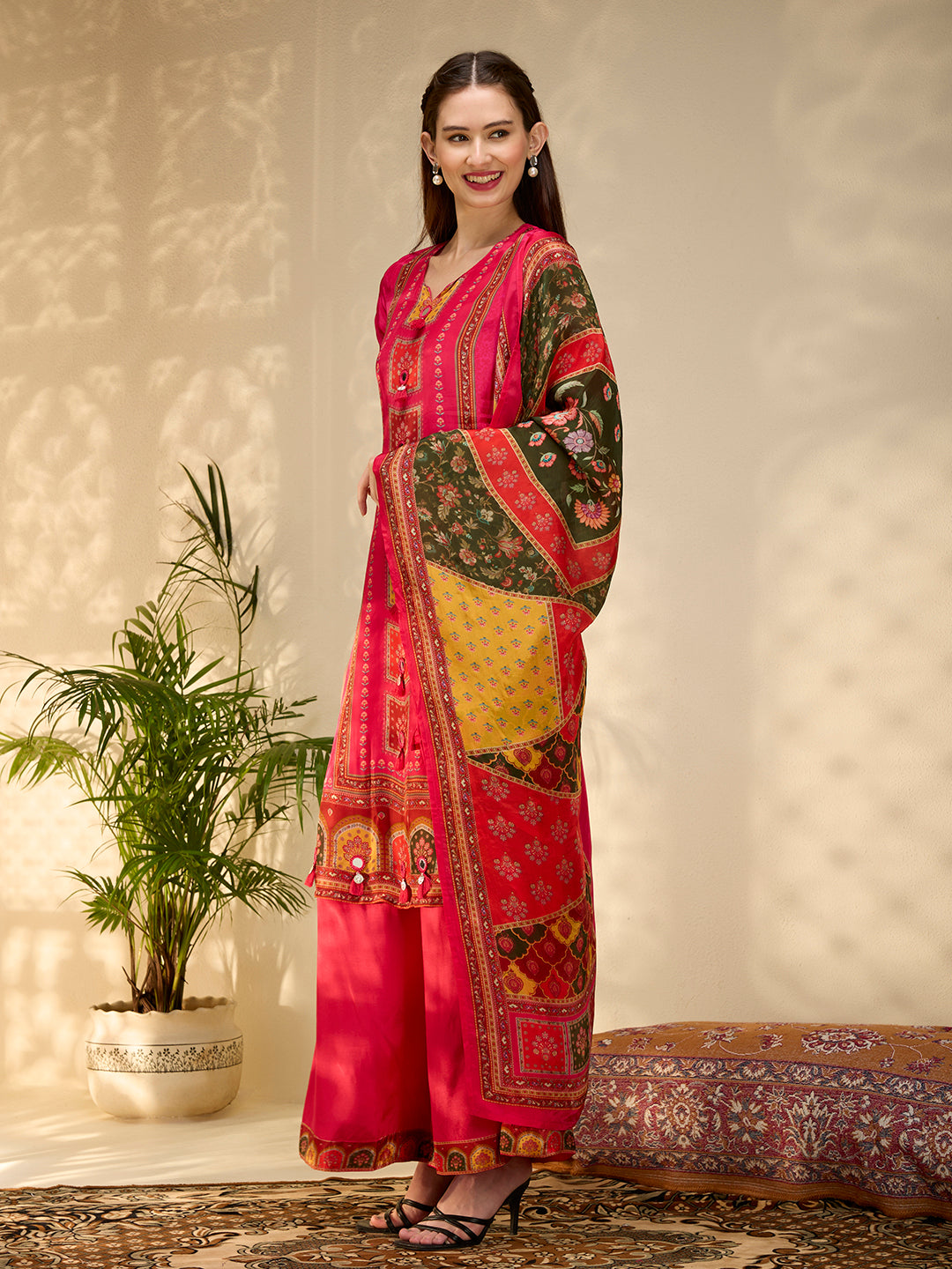 Ethnic Floral Printed & Embroidered Straight Fit Kurta with Pant and Dupatta - Rani