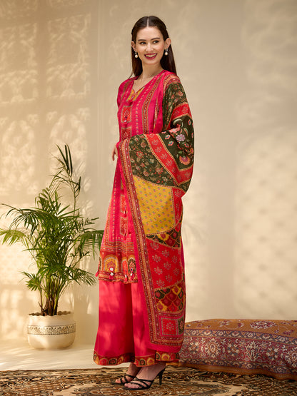 Ethnic Floral Printed & Embroidered Straight Fit Kurta with Pant and Dupatta - Rani