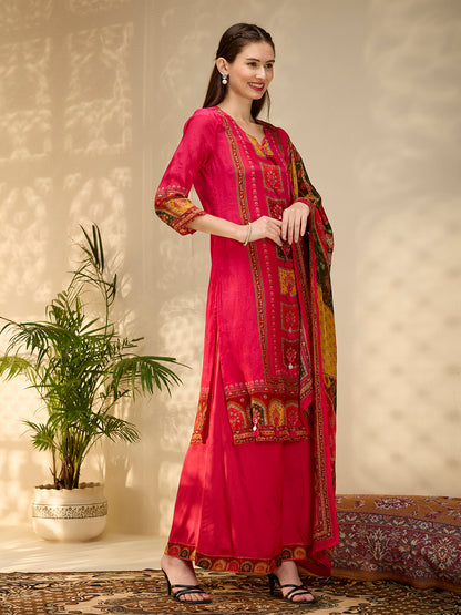 Ethnic Floral Printed & Embroidered Straight Fit Kurta with Pant and Dupatta - Rani