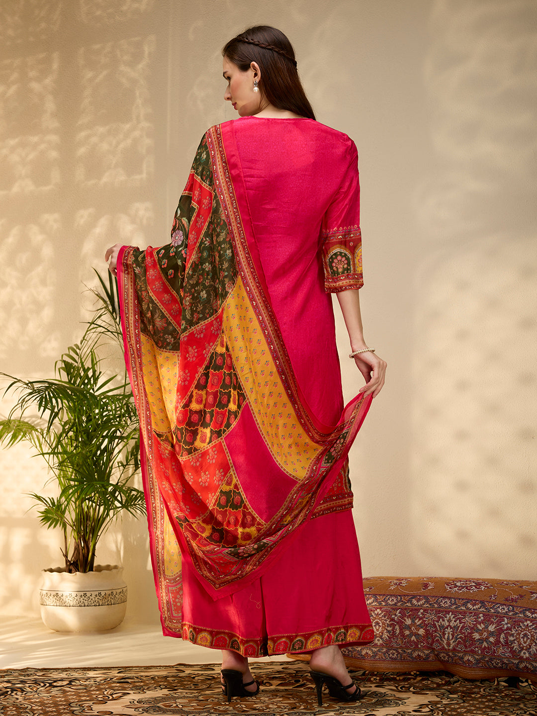 Ethnic Floral Printed & Embroidered Straight Fit Kurta with Pant and Dupatta - Rani