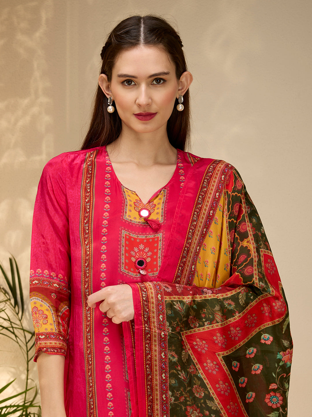 Ethnic Floral Printed & Embroidered Straight Fit Kurta with Pant and Dupatta - Rani