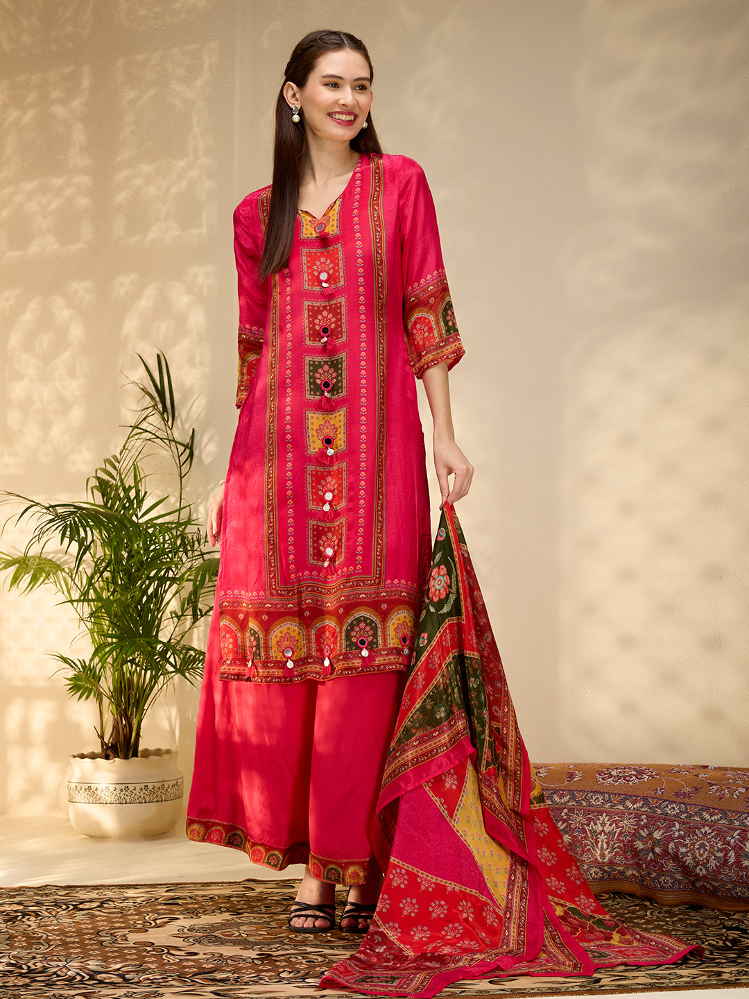 Ethnic Floral Printed & Embroidered Straight Fit Kurta with Pant and Dupatta - Rani