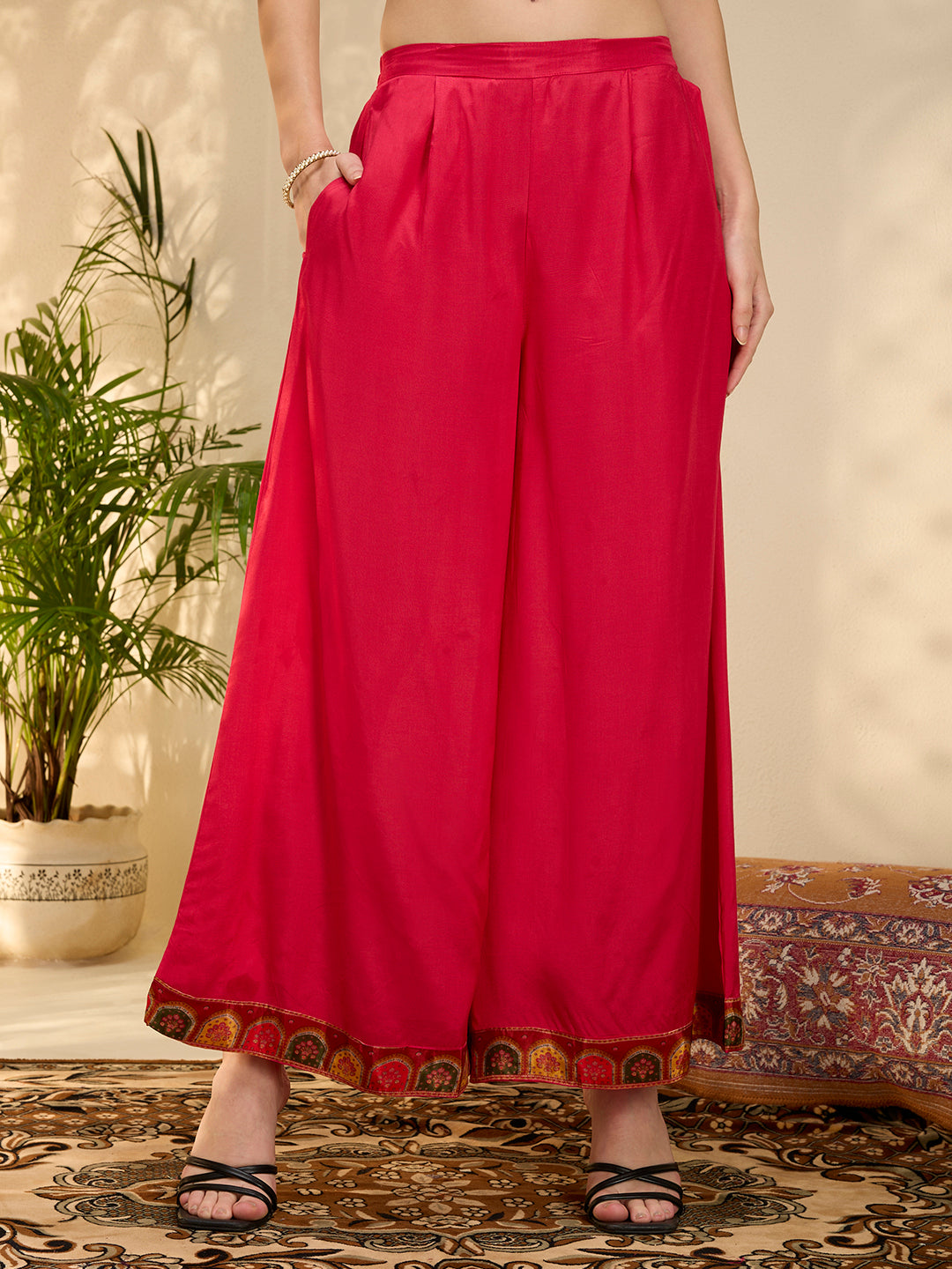 Ethnic Floral Printed & Embroidered Straight Fit Kurta with Pant and Dupatta - Rani
