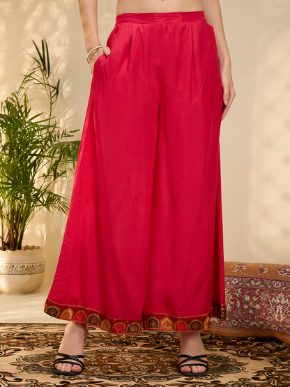 Ethnic Floral Printed & Embroidered Straight Fit Kurta with Pant and Dupatta - Rani