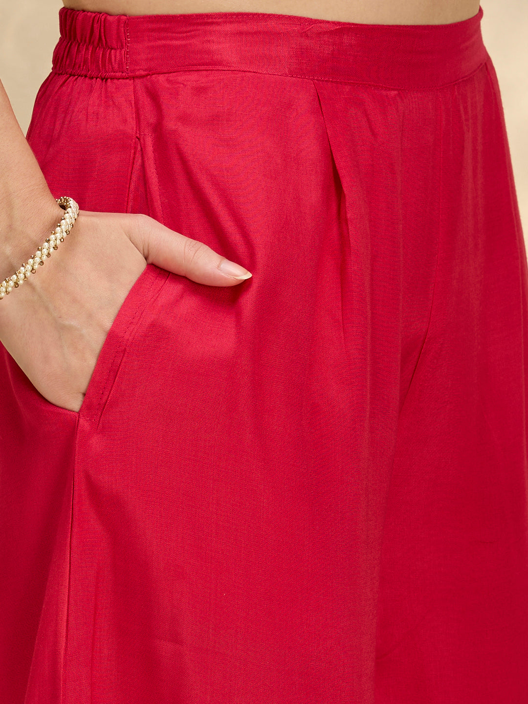 Ethnic Floral Printed & Embroidered Straight Fit Kurta with Pant and Dupatta - Rani