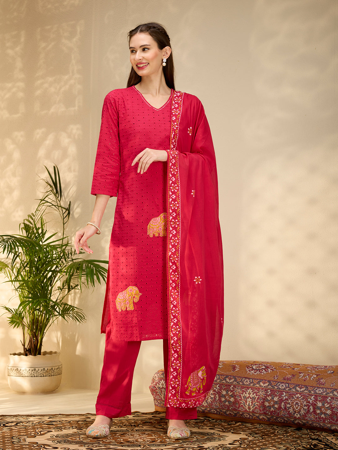 Solid Elephant Work Embroidered Straight Kurta with Palazzo & Dupatta - Rani