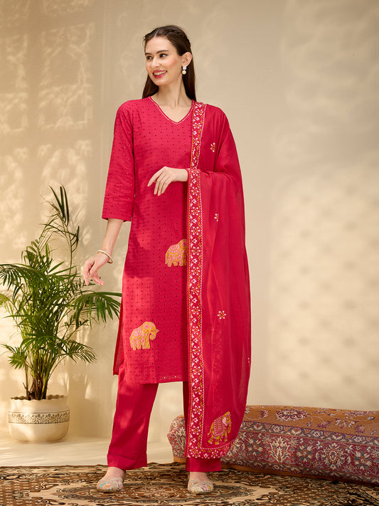Solid Elephant Work Embroidered Straight Kurta with Palazzo & Dupatta - Rani