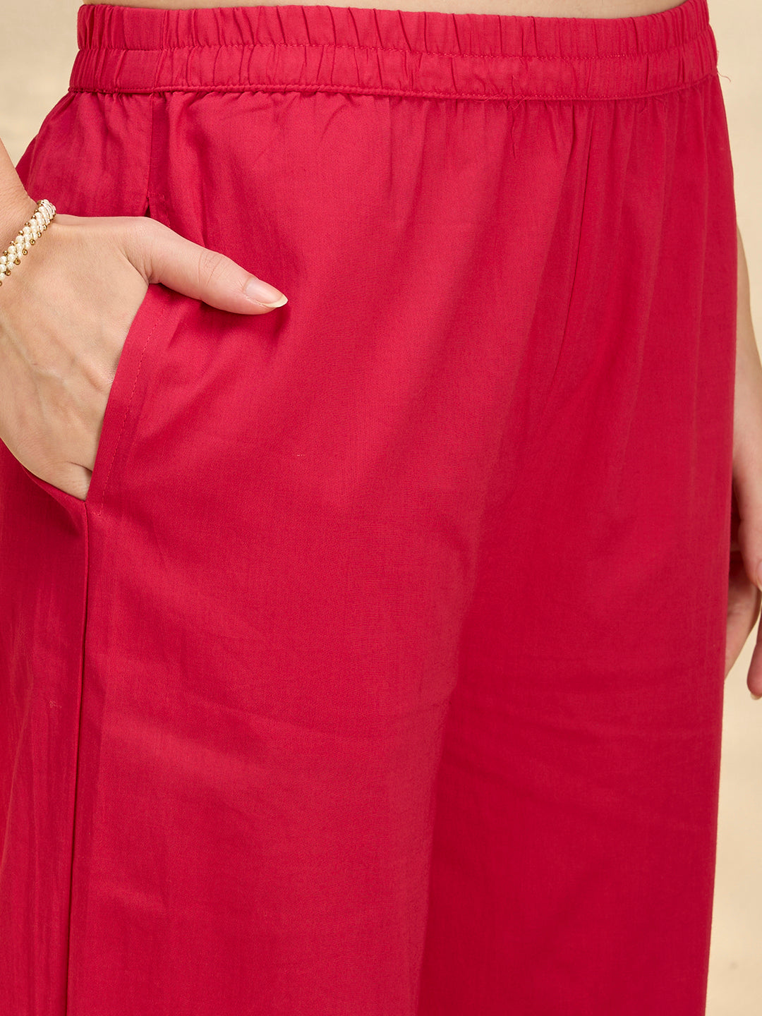 Solid Elephant Work Embroidered Straight Kurta with Palazzo & Dupatta - Rani