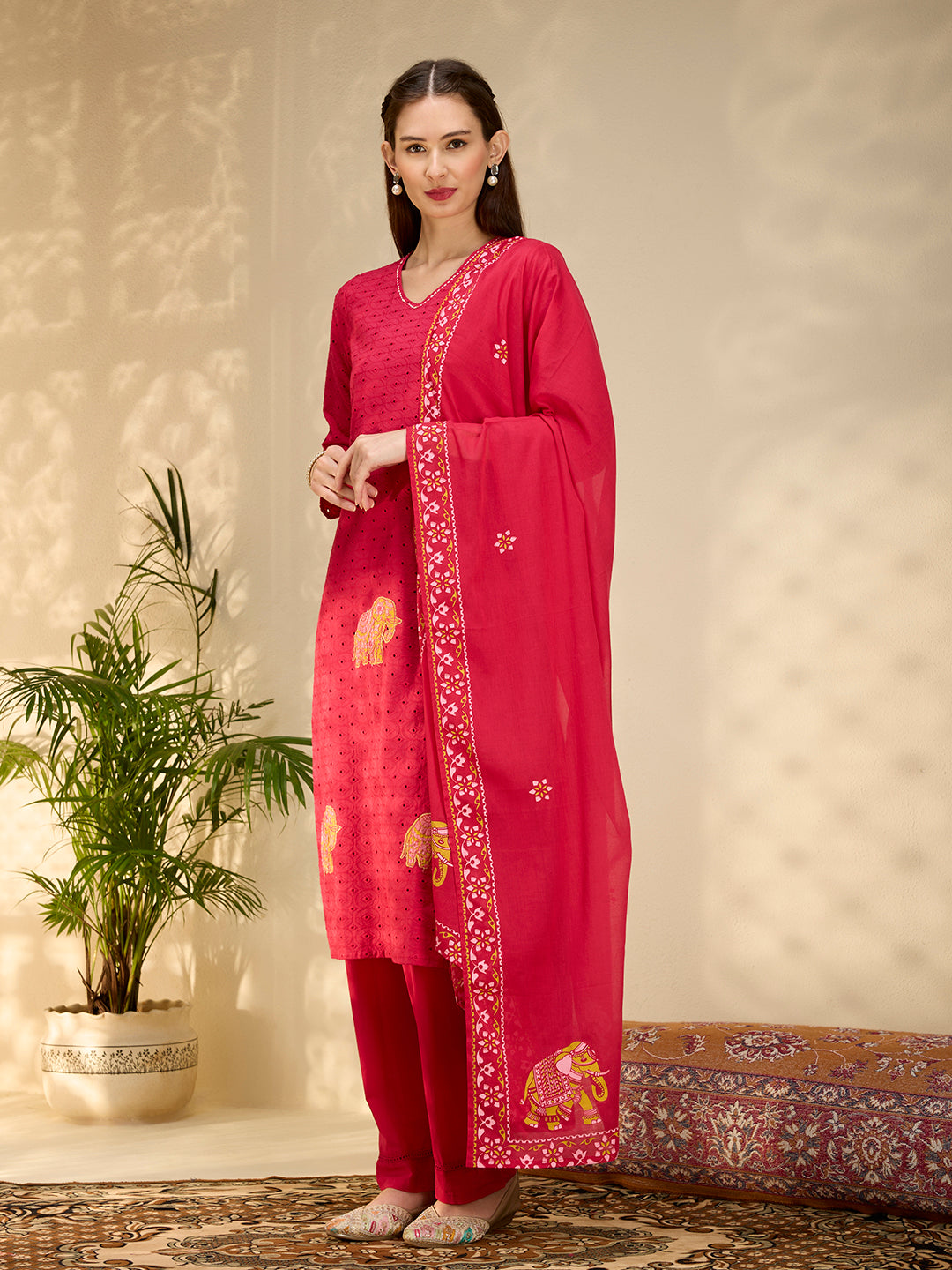 Solid Elephant Work Embroidered Straight Kurta with Palazzo & Dupatta - Rani