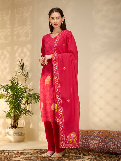 Solid Elephant Work Embroidered Straight Kurta with Palazzo & Dupatta - Rani