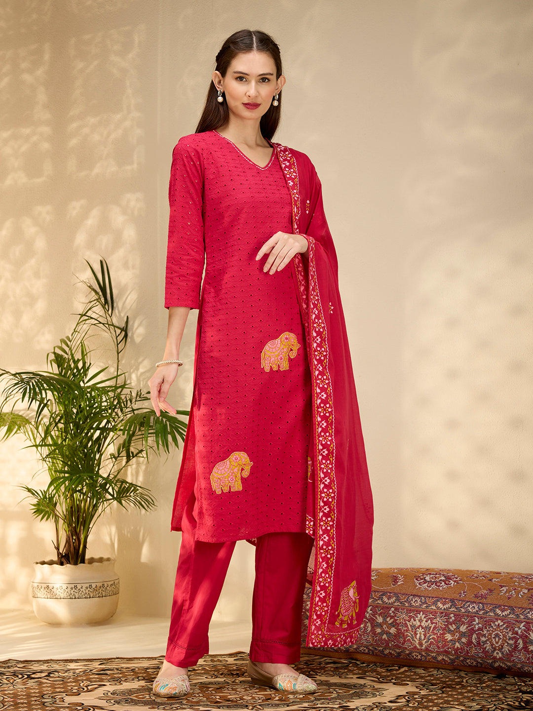 Solid Elephant Work Embroidered Straight Kurta with Palazzo & Dupatta - Rani
