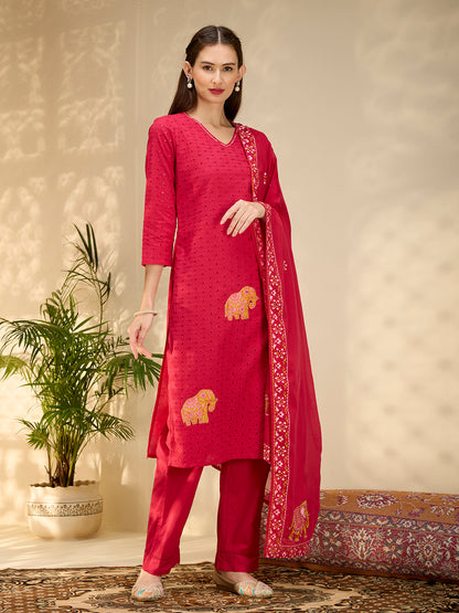Solid Elephant Work Embroidered Straight Kurta with Palazzo & Dupatta - Rani