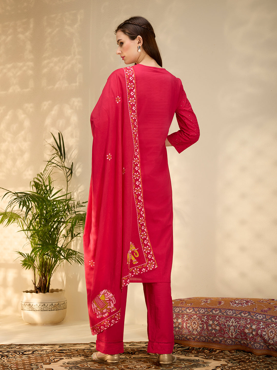 Solid Elephant Work Embroidered Straight Kurta with Palazzo & Dupatta - Rani