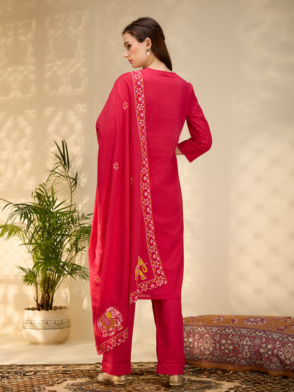 Solid Elephant Work Embroidered Straight Kurta with Palazzo & Dupatta - Rani