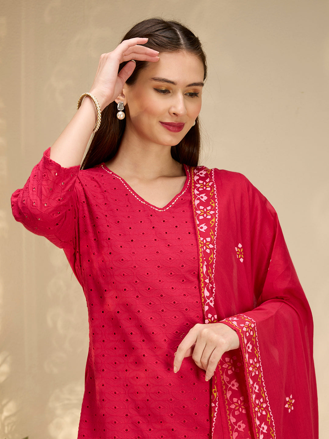 Solid Elephant Work Embroidered Straight Kurta with Palazzo & Dupatta - Rani
