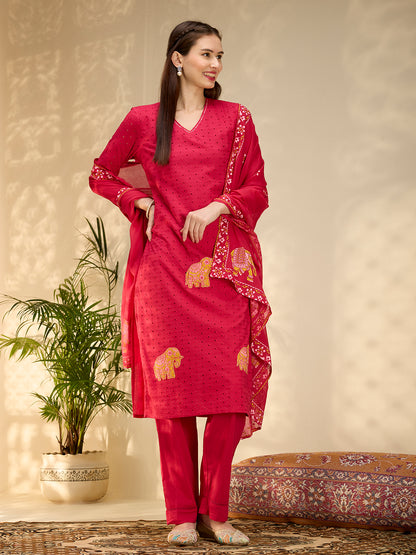 Solid Elephant Work Embroidered Straight Kurta with Palazzo & Dupatta - Rani
