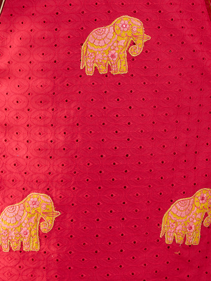 Solid Elephant Work Embroidered Straight Kurta with Palazzo & Dupatta - Rani