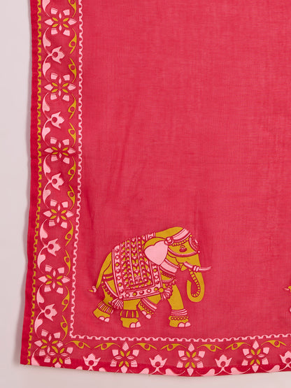Solid Elephant Work Embroidered Straight Kurta with Palazzo & Dupatta - Rani