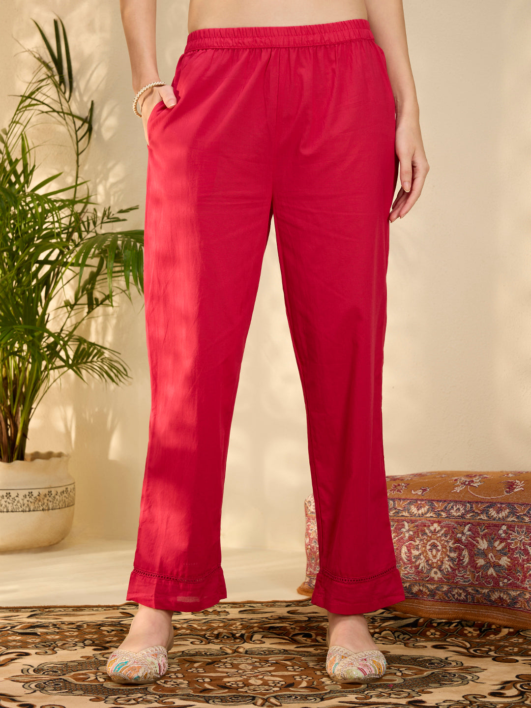 Solid Elephant Work Embroidered Straight Kurta with Palazzo & Dupatta - Rani