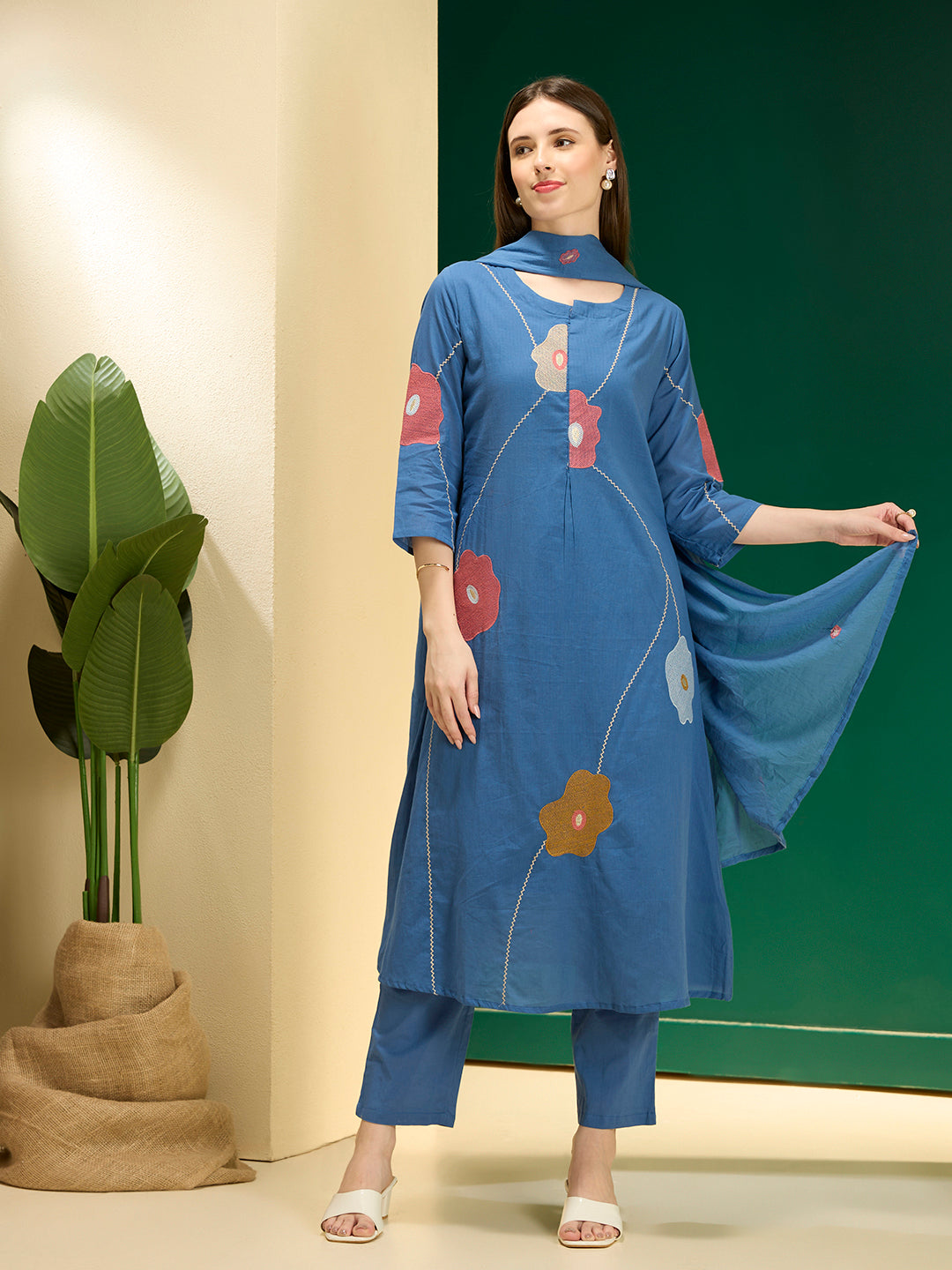 Solid Abstract Floral Embroidered A-line Kurta with Pant & Dupatta - Blue