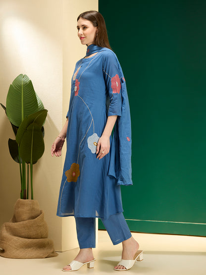 Solid Abstract Floral Embroidered A-line Kurta with Pant & Dupatta - Blue