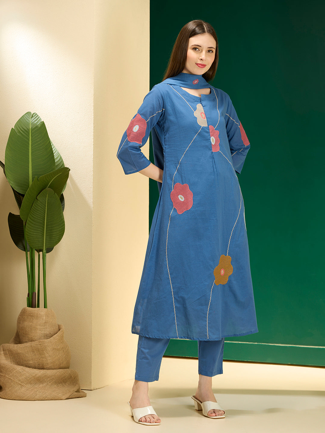 Solid Abstract Floral Embroidered A-line Kurta with Pant & Dupatta - Blue