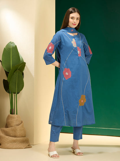 Solid Abstract Floral Embroidered A-line Kurta with Pant & Dupatta - Blue