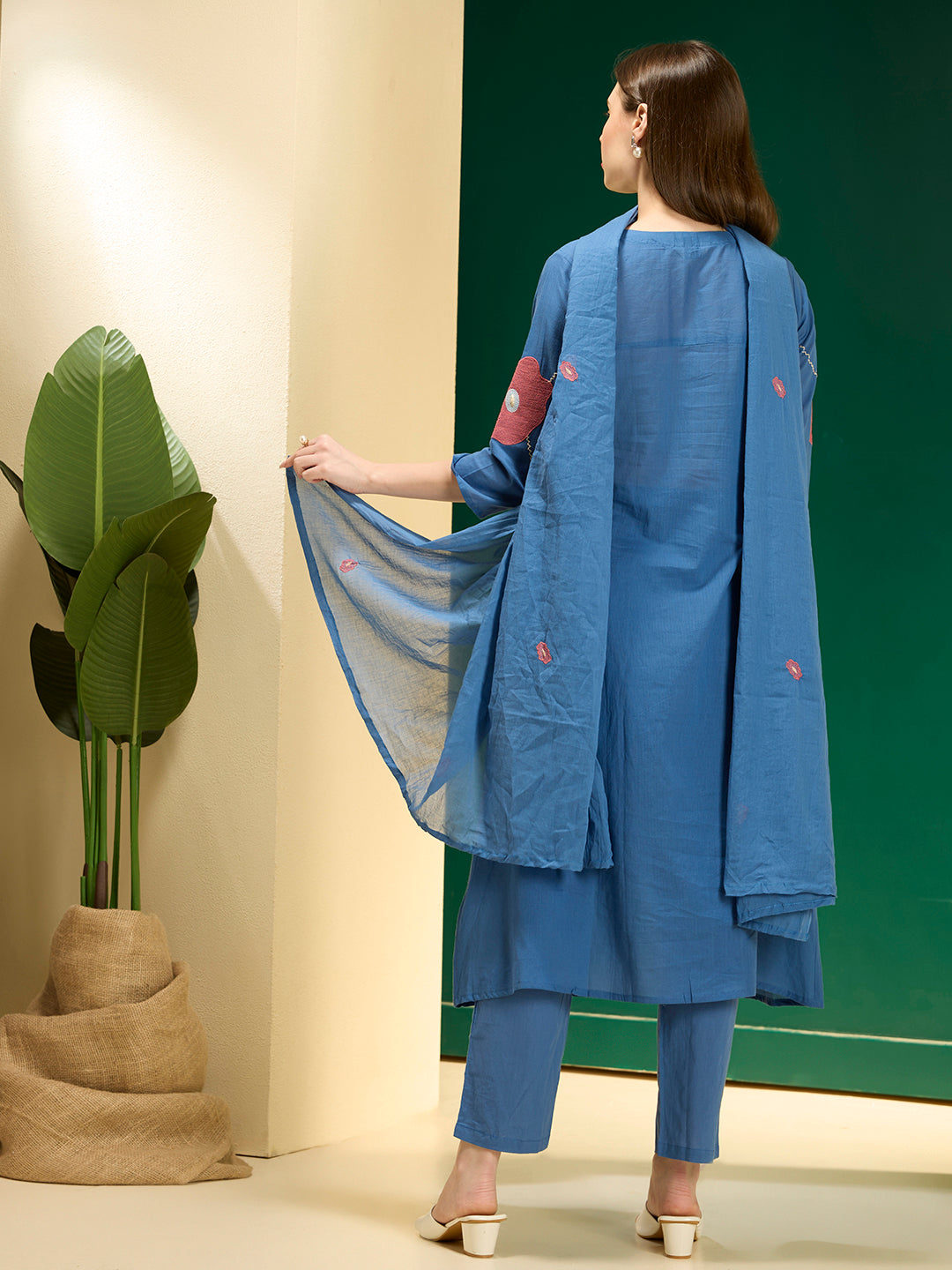 Solid Abstract Floral Embroidered A-line Kurta with Pant & Dupatta - Blue