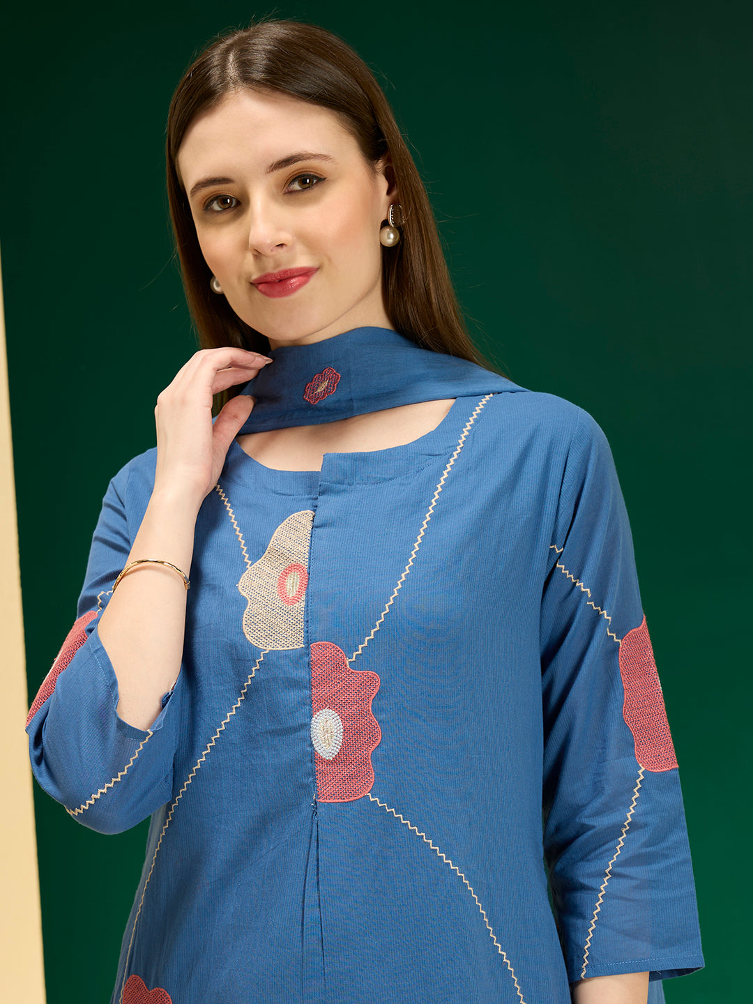 Solid Abstract Floral Embroidered A-line Kurta with Pant & Dupatta - Blue