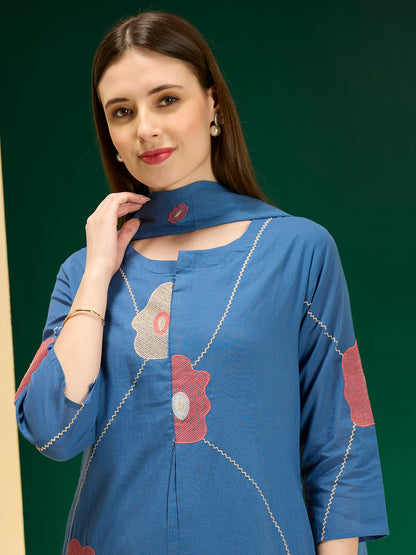 Solid Abstract Floral Embroidered A-line Kurta with Pant & Dupatta - Blue