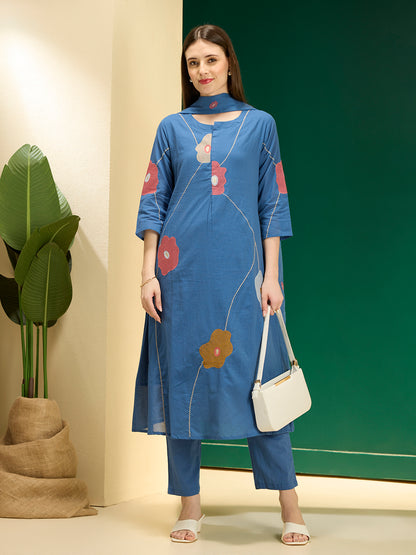 Solid Abstract Floral Embroidered A-line Kurta with Pant & Dupatta - Blue