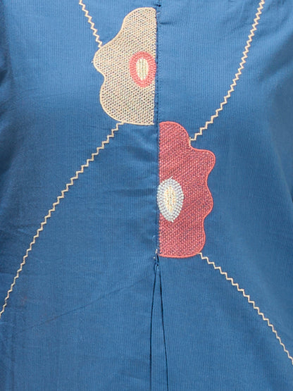 Solid Abstract Floral Embroidered A-line Kurta with Pant & Dupatta - Blue