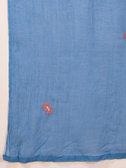 Solid Abstract Floral Embroidered A-line Kurta with Pant & Dupatta - Blue