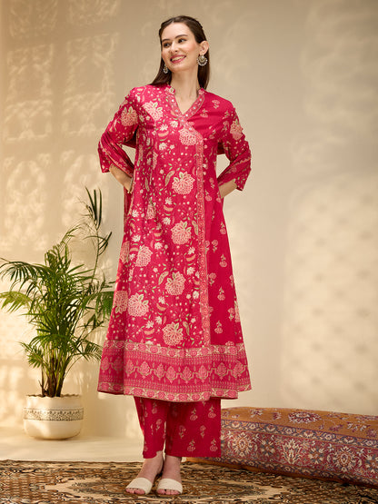 Ethnic Floral Printed Embroidered Anarkali Kurta with Palazzo & Dupatta - Pink