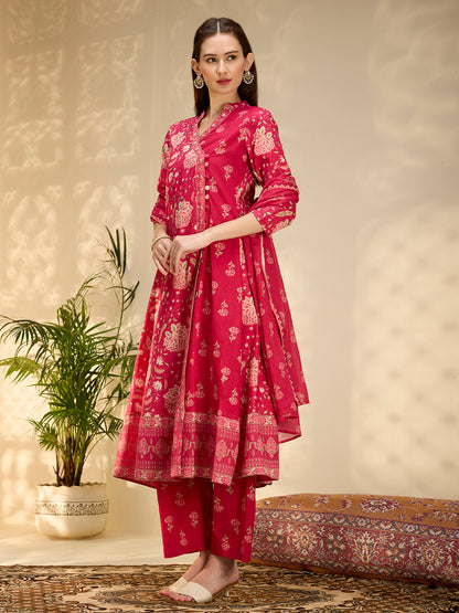 Ethnic Floral Printed Embroidered Anarkali Kurta with Palazzo & Dupatta - Pink