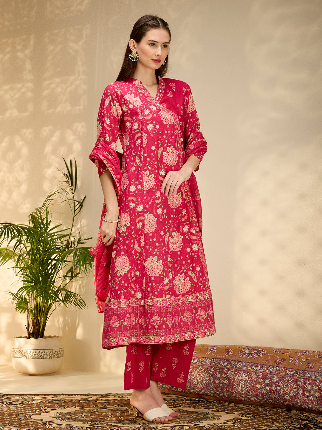 Ethnic Floral Printed Embroidered Anarkali Kurta with Palazzo & Dupatta - Pink