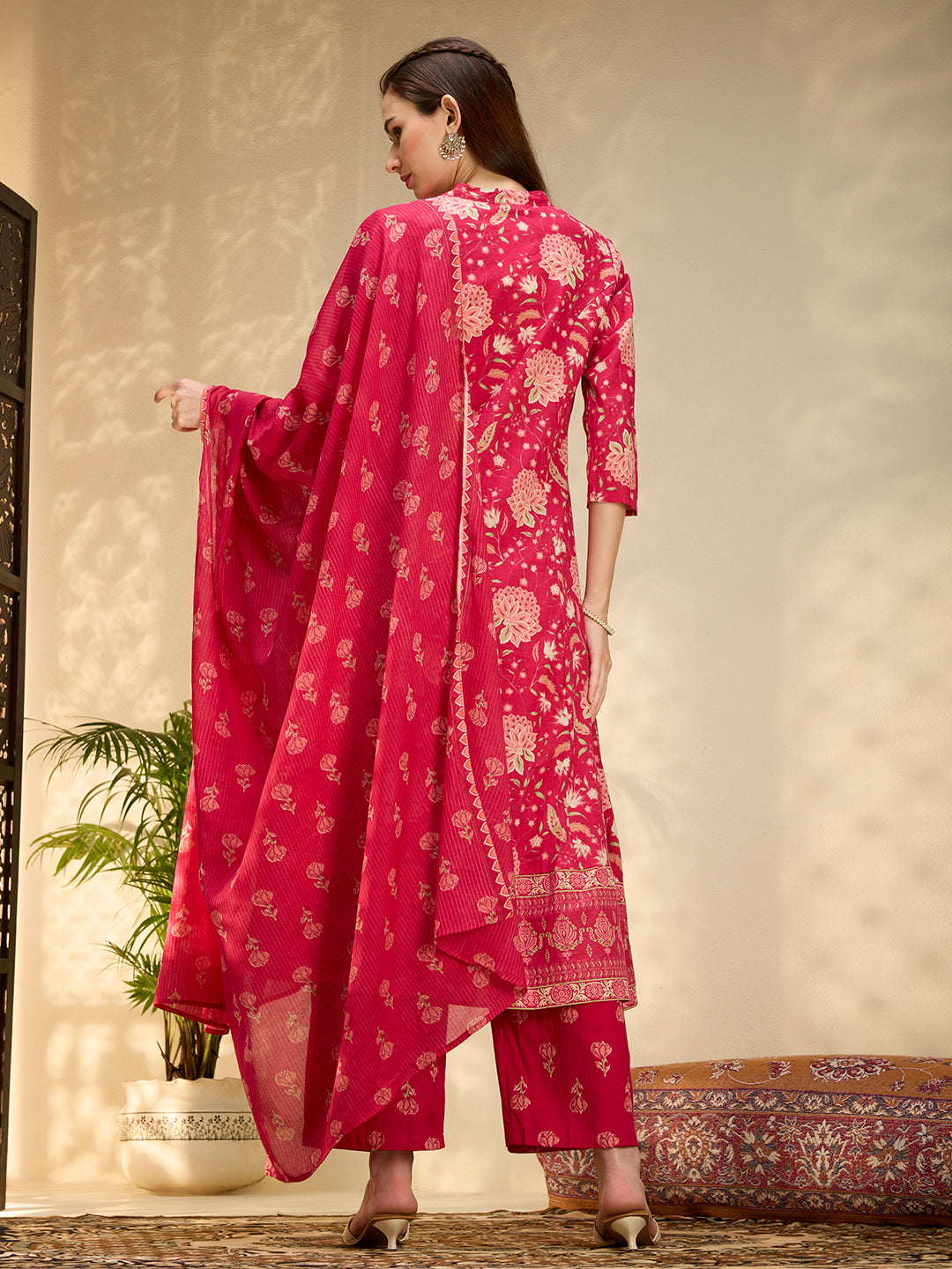 Ethnic Floral Printed Embroidered Anarkali Kurta with Palazzo & Dupatta - Pink
