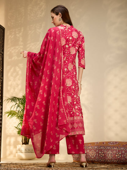 Ethnic Floral Printed Embroidered Anarkali Kurta with Palazzo & Dupatta - Pink