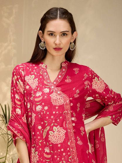 Ethnic Floral Printed Embroidered Anarkali Kurta with Palazzo & Dupatta - Pink