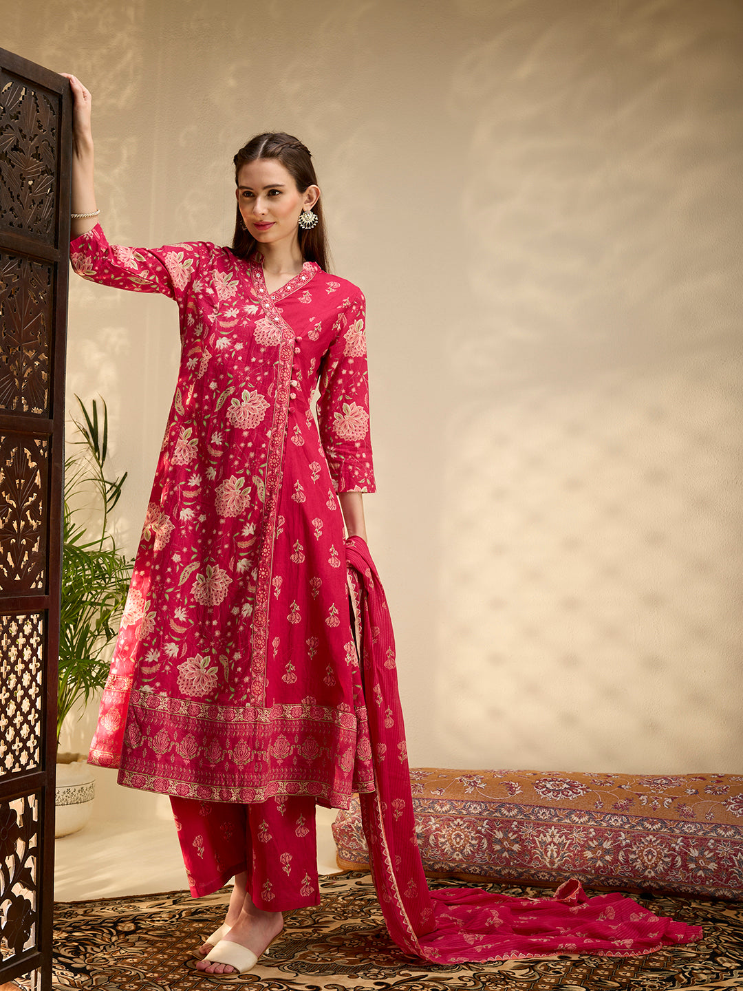 Ethnic Floral Printed Embroidered Anarkali Kurta with Palazzo & Dupatta - Pink