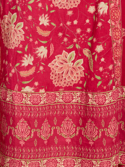 Ethnic Floral Printed Embroidered Anarkali Kurta with Palazzo & Dupatta - Pink