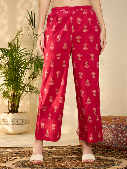 Ethnic Floral Printed Embroidered Anarkali Kurta with Palazzo & Dupatta - Pink